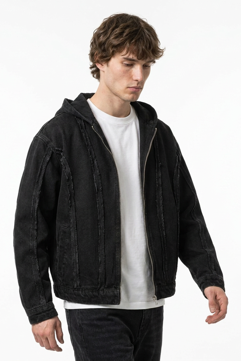 Men's Casual Vintage Washed Black Denim Hoodie