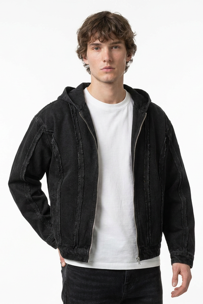 Men's Casual Vintage Washed Black Denim Hoodie