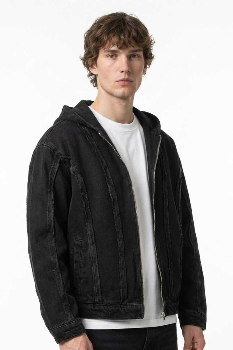 Men's Casual Vintage Washed Black Denim Hoodie