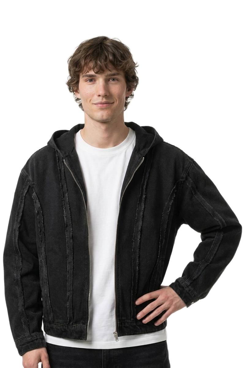 Men's Casual Vintage Washed Black Denim Hoodie