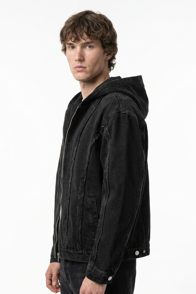 Men's Casual Vintage Washed Black Denim Hoodie