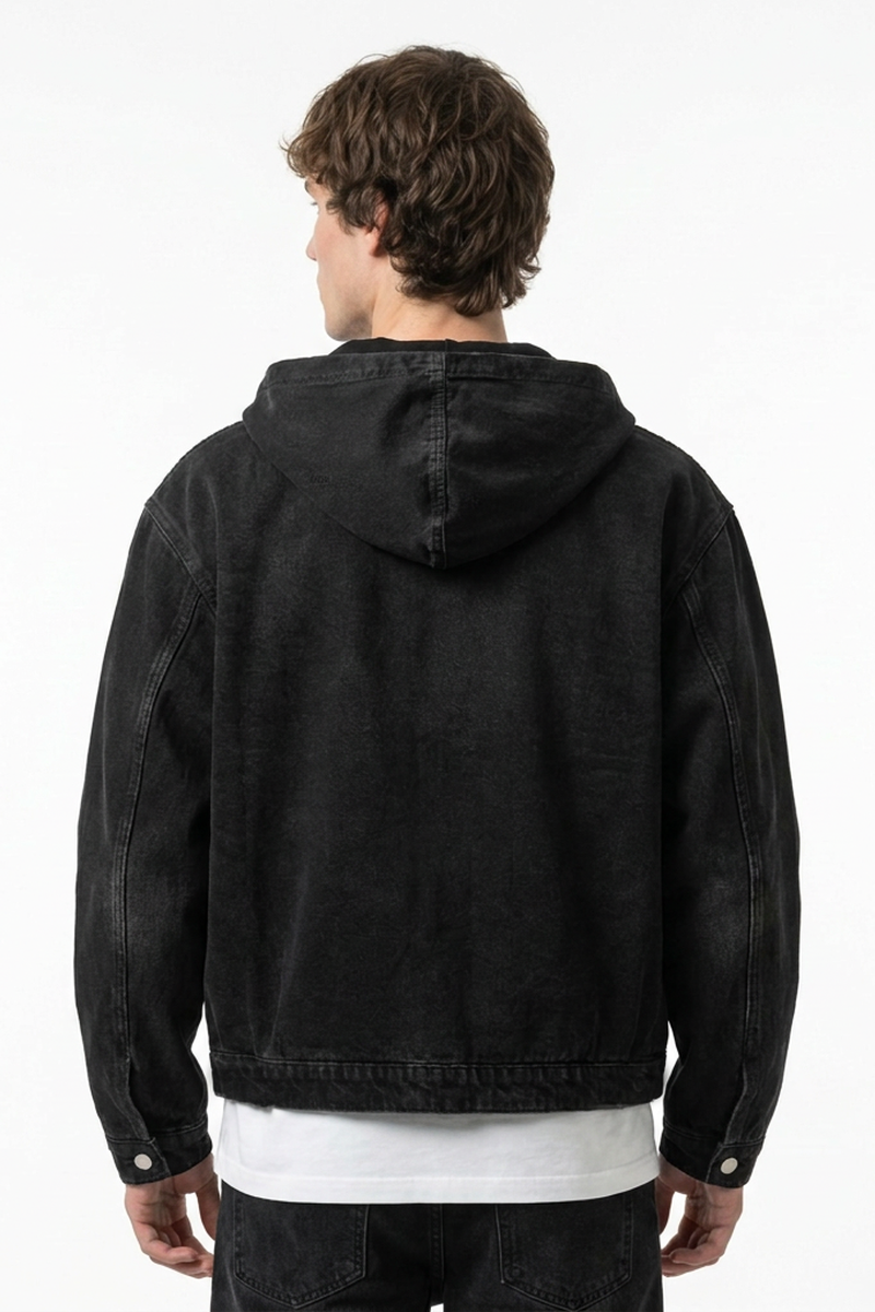 Men's Casual Vintage Washed Black Denim Hoodie