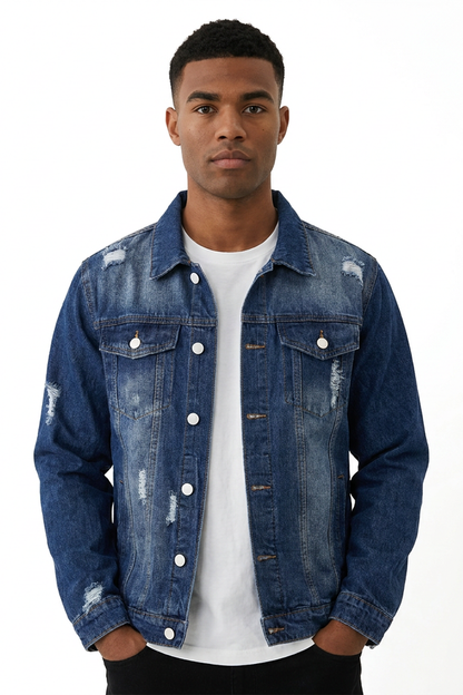 Men's Vintage Washed Denim Blue Distressed Jacket