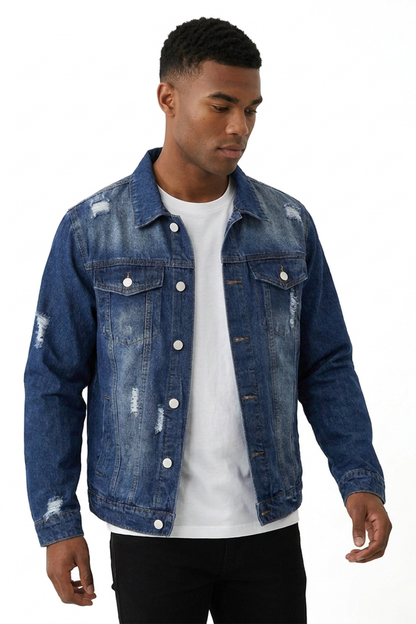 Men's Vintage Washed Denim Blue Distressed Jacket