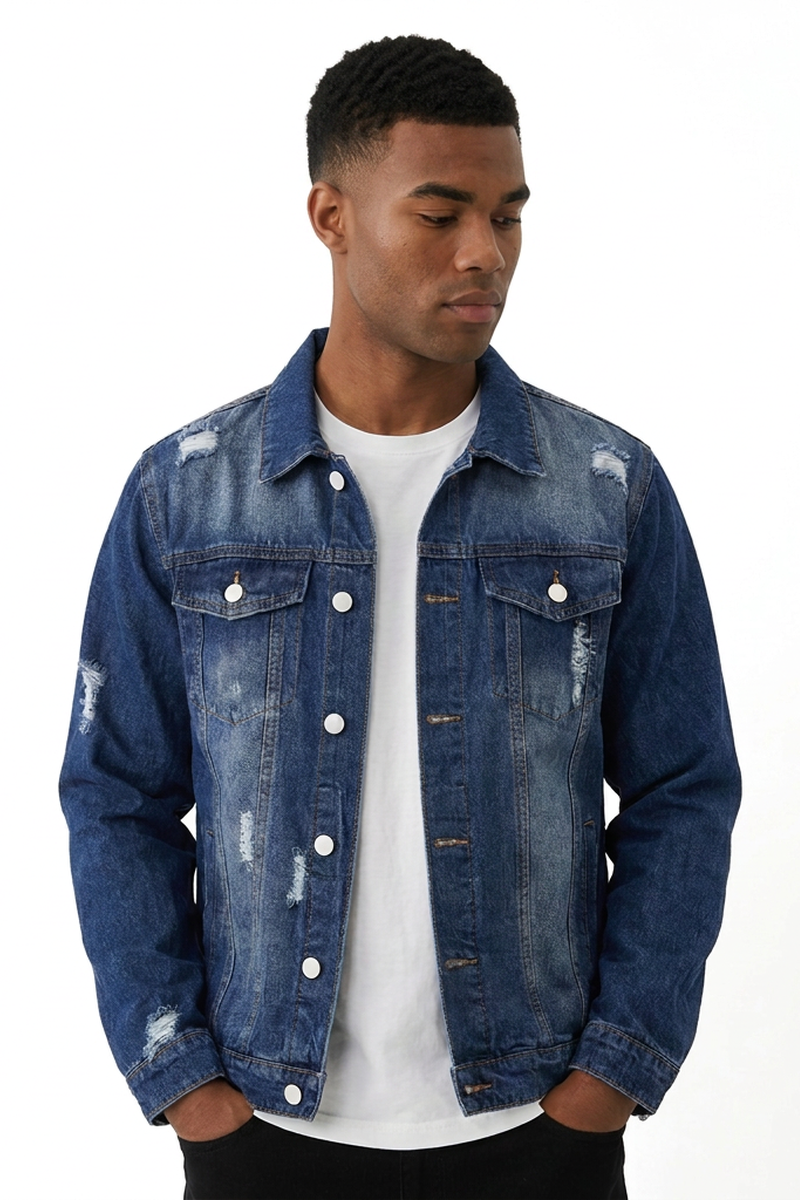 Men's Vintage Washed Denim Blue Distressed Jacket
