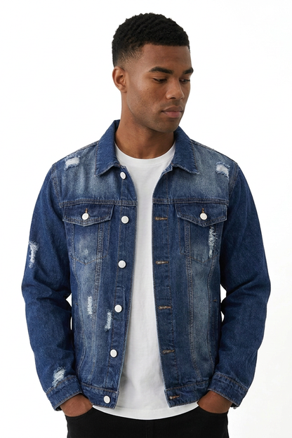 Men's Vintage Washed Denim Blue Distressed Jacket
