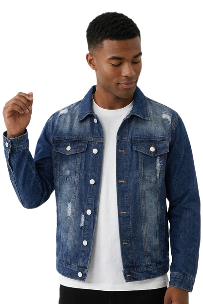 Men's Vintage Washed Denim Blue Distressed Jacket