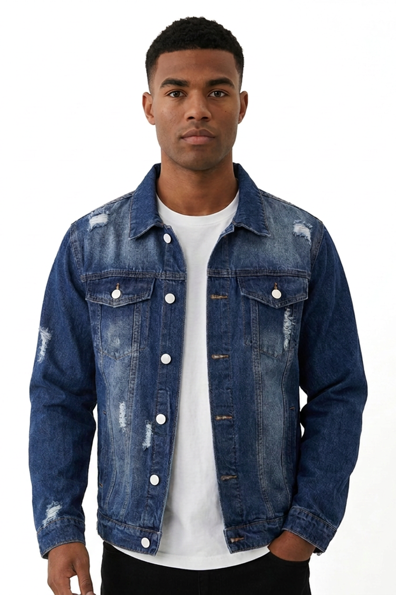 Men's Vintage Washed Denim Blue Distressed Jacket