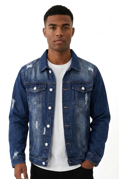 Men's Vintage Washed Denim Blue Distressed Jacket