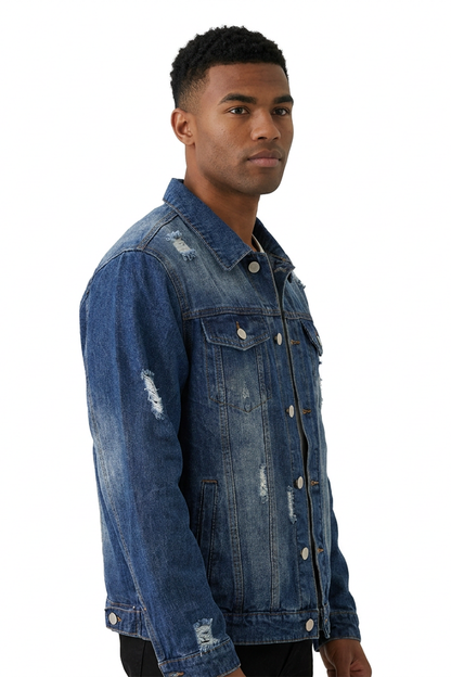 Men's Vintage Washed Denim Blue Distressed Jacket