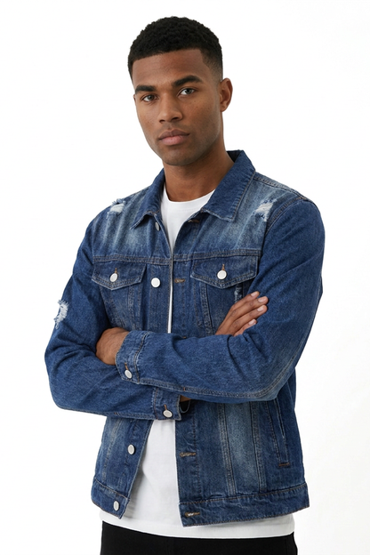 Men's Vintage Washed Denim Blue Distressed Jacket