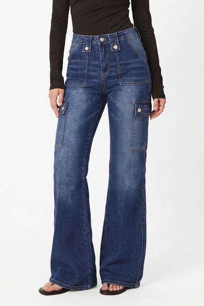 Women's Vintage High-Waisted Stretch Cargo Flare Jeans