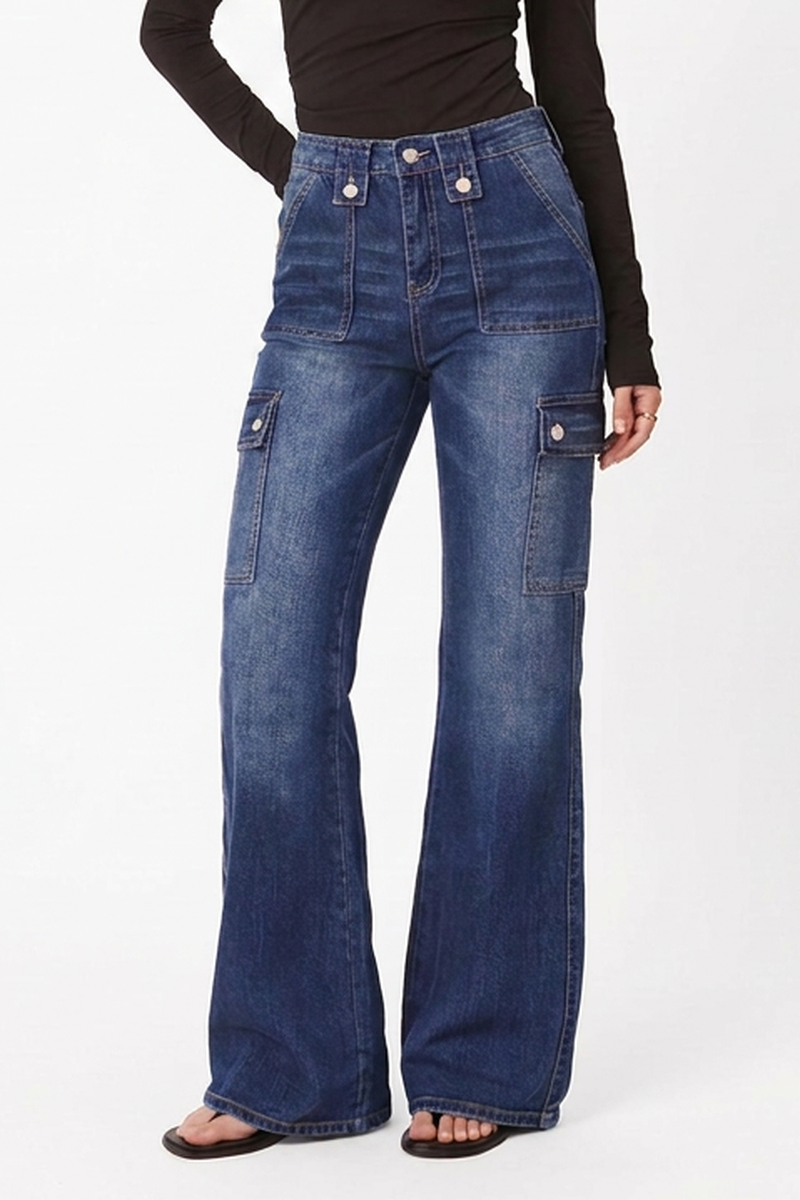 Women's Vintage High-Waisted Stretch Cargo Flare Jeans