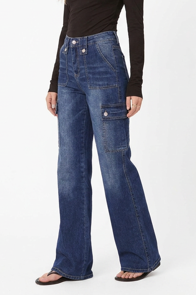 Women's Vintage High-Waisted Stretch Cargo Flare Jeans