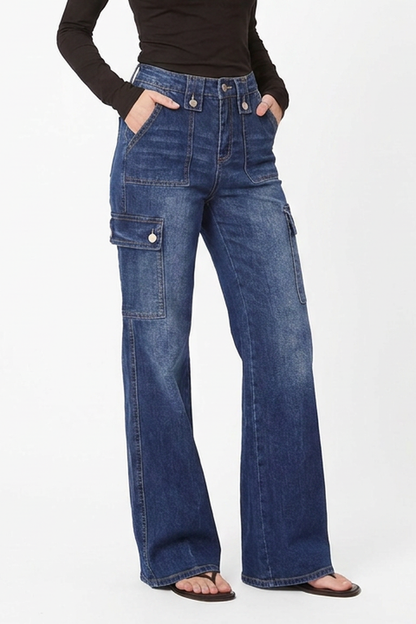 Women's Vintage High-Waisted Stretch Cargo Flare Jeans