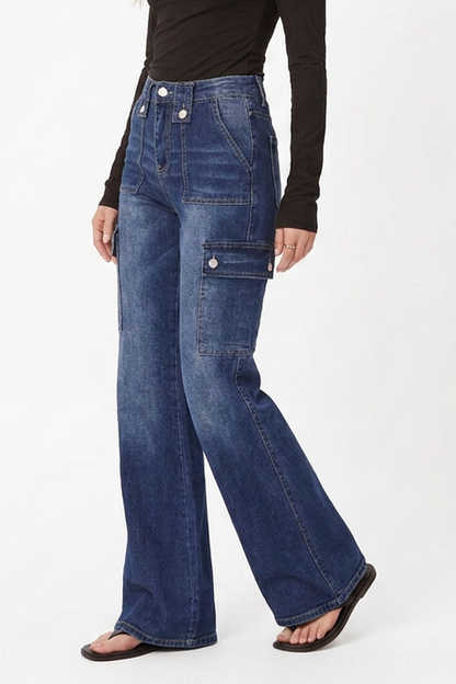 Women's Vintage High-Waisted Stretch Cargo Flare Jeans