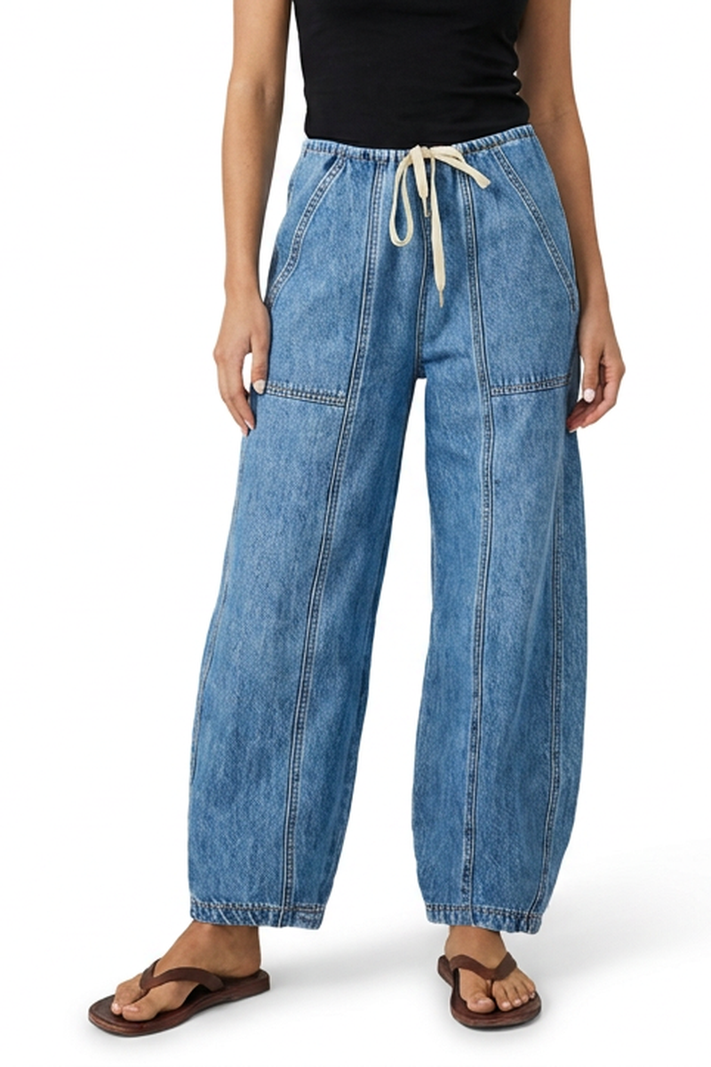 Women's Vintage Washed Drawstring Barrel Leg Jeans