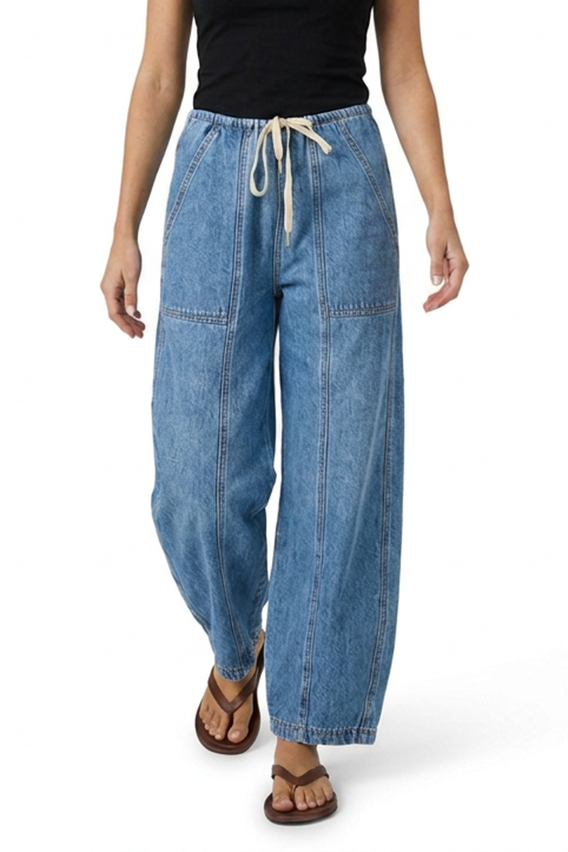 Women's Vintage Washed Drawstring Barrel Leg Jeans