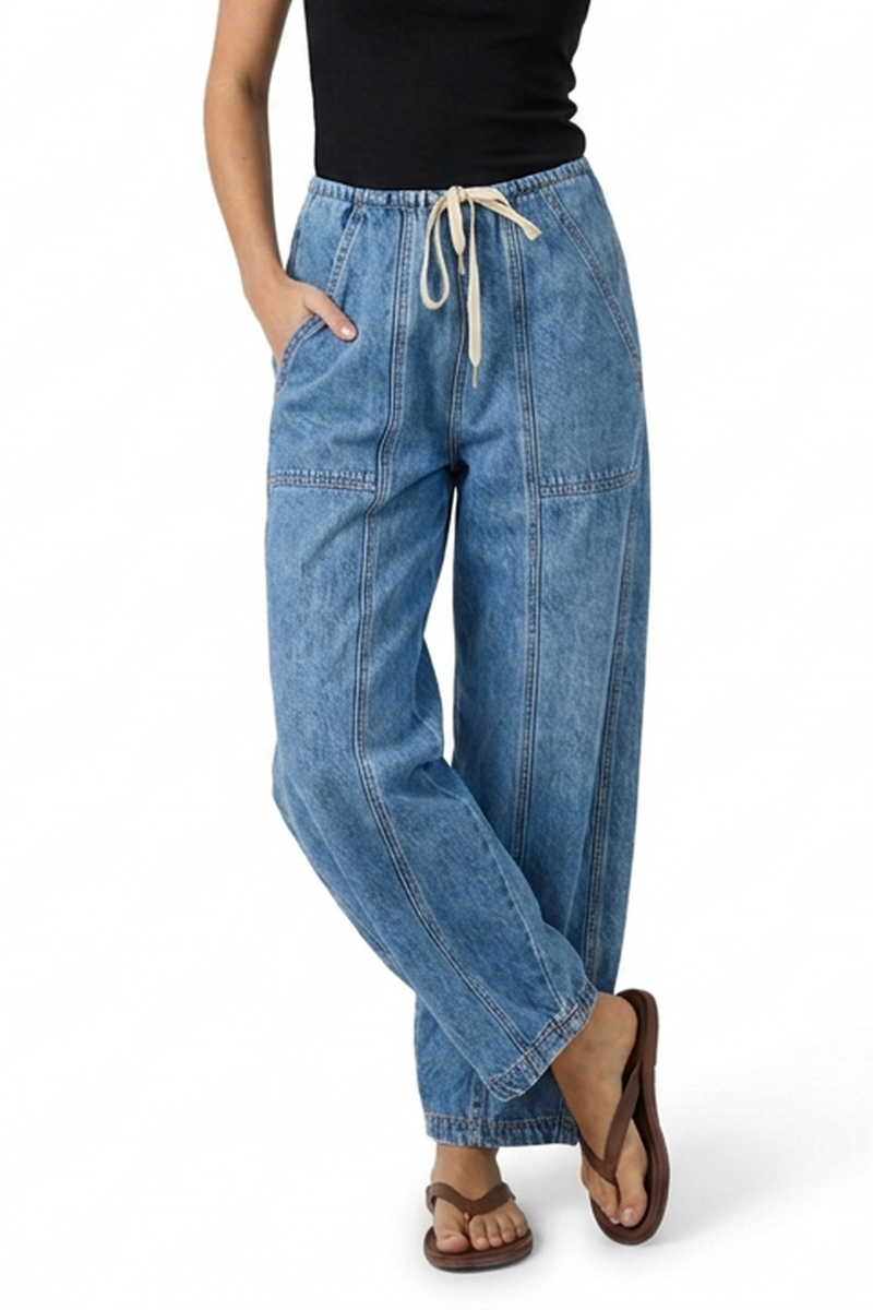 Women's Vintage Washed Drawstring Barrel Leg Jeans