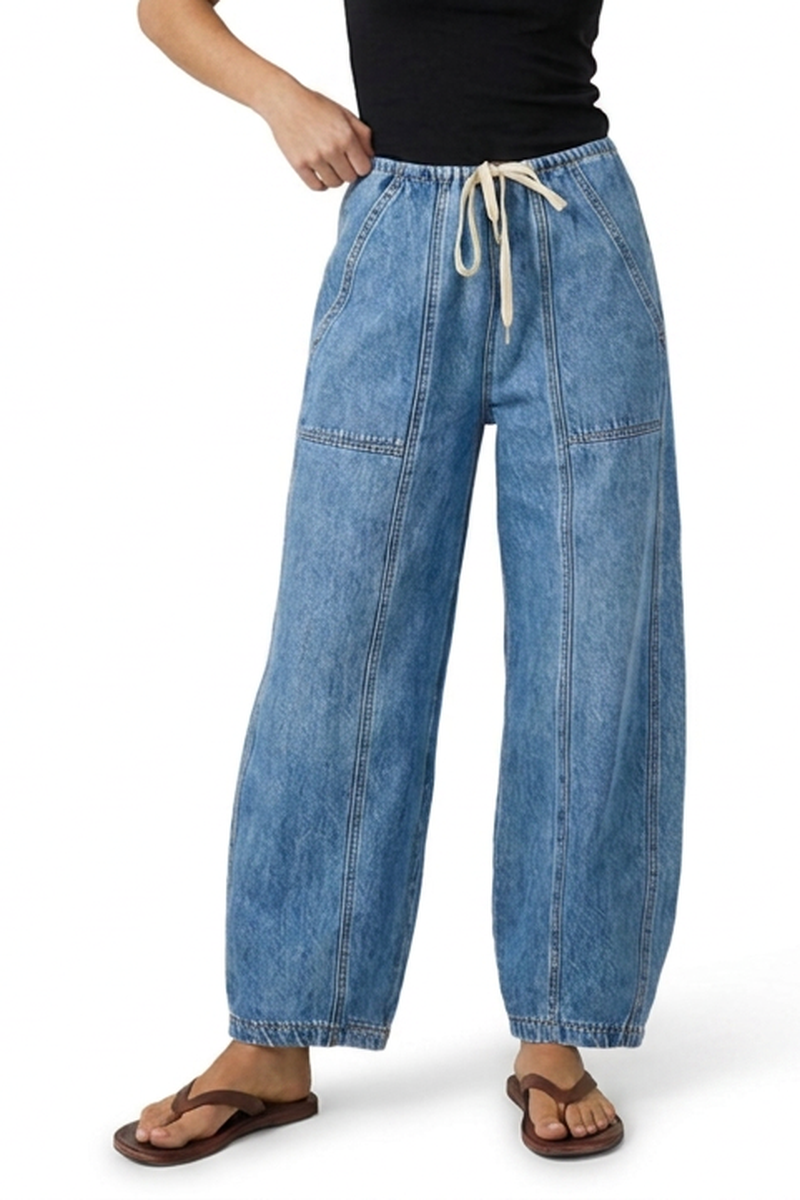 Women's Vintage Washed Drawstring Barrel Leg Jeans