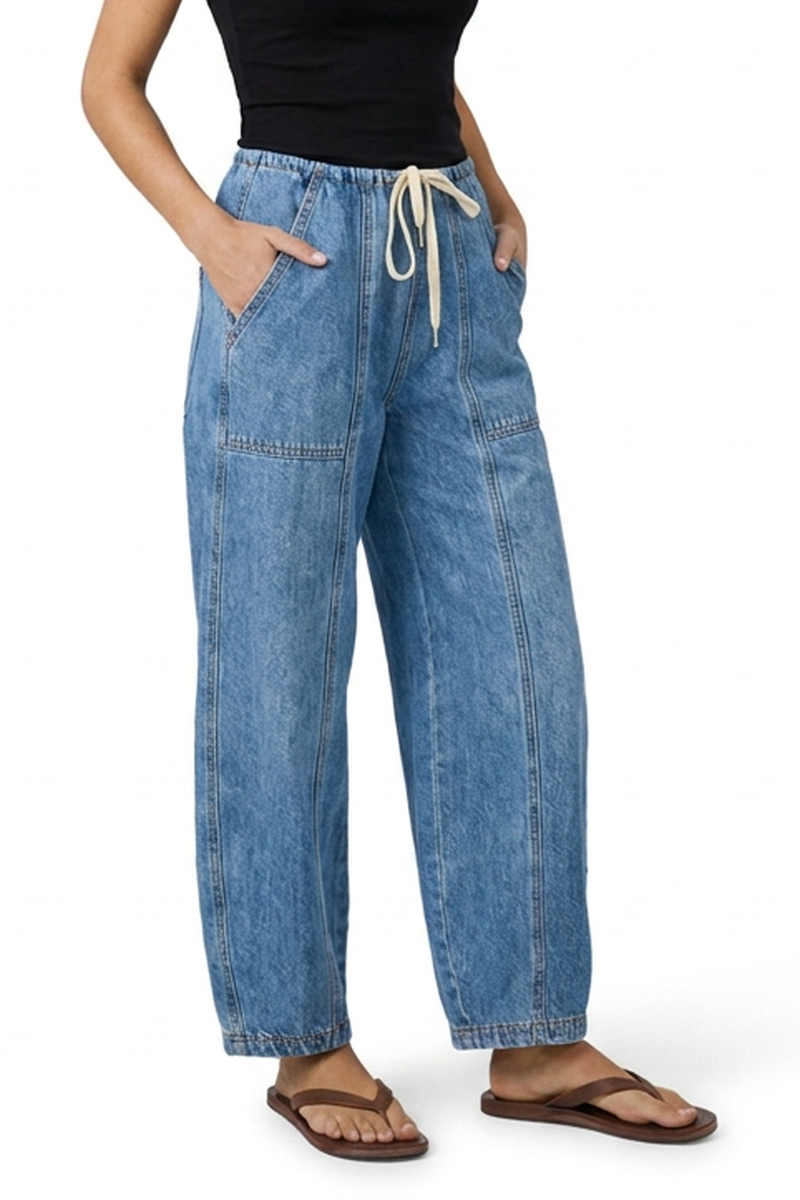 Women's Vintage Washed Drawstring Barrel Leg Jeans