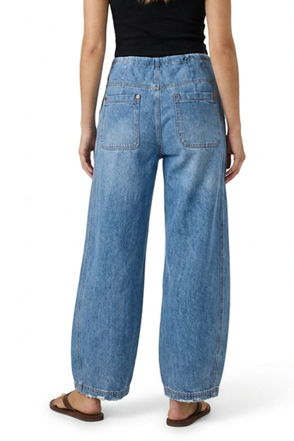 Women's Vintage Washed Drawstring Barrel Leg Jeans