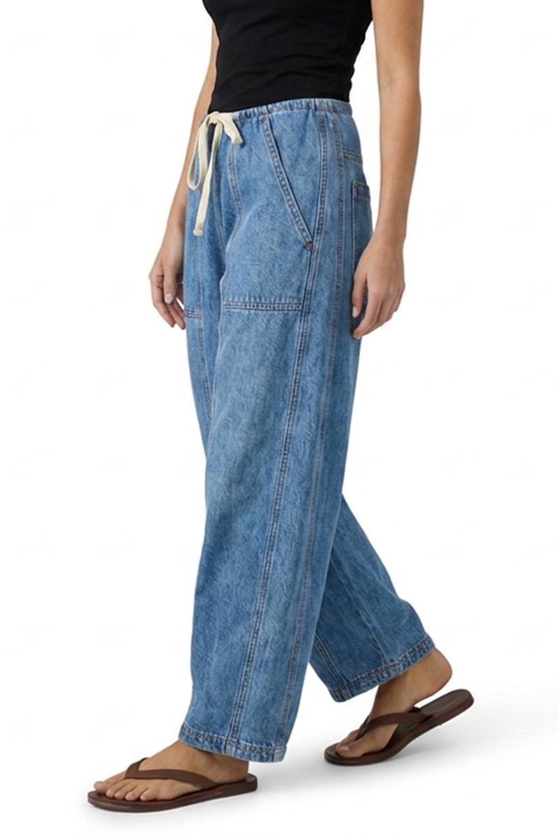 Women's Vintage Washed Drawstring Barrel Leg Jeans