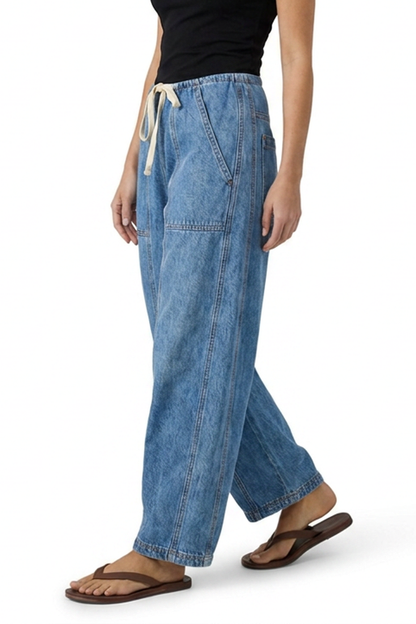Women's Vintage Washed Drawstring Barrel Leg Jeans