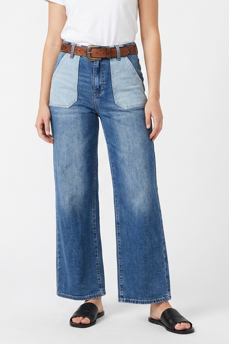 Women's Blue Patchwork Wide-Leg Jeans