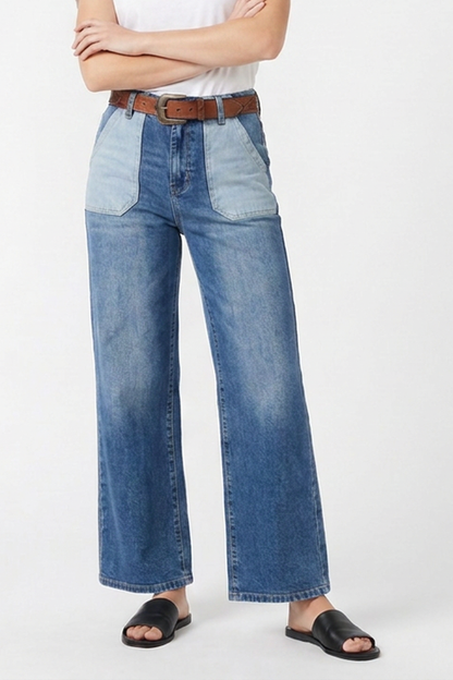 Women's Blue Patchwork Wide-Leg Jeans