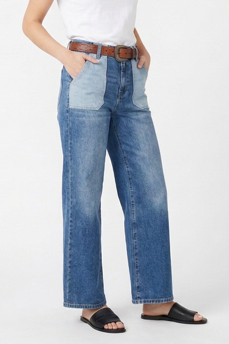 Women's Blue Patchwork Wide-Leg Jeans