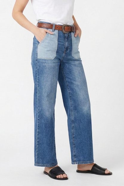Women's Blue Patchwork Wide-Leg Jeans