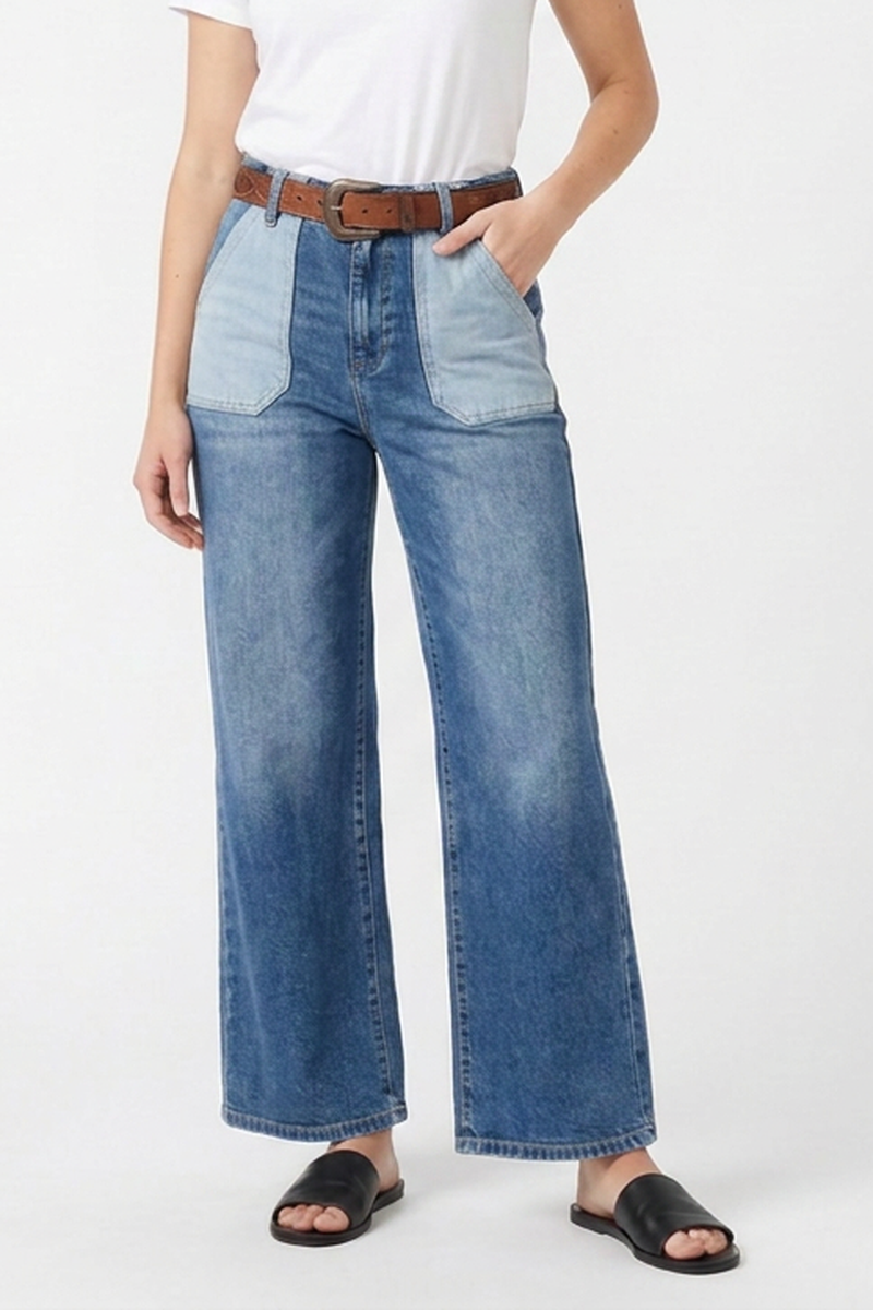 Women's Blue Patchwork Wide-Leg Jeans