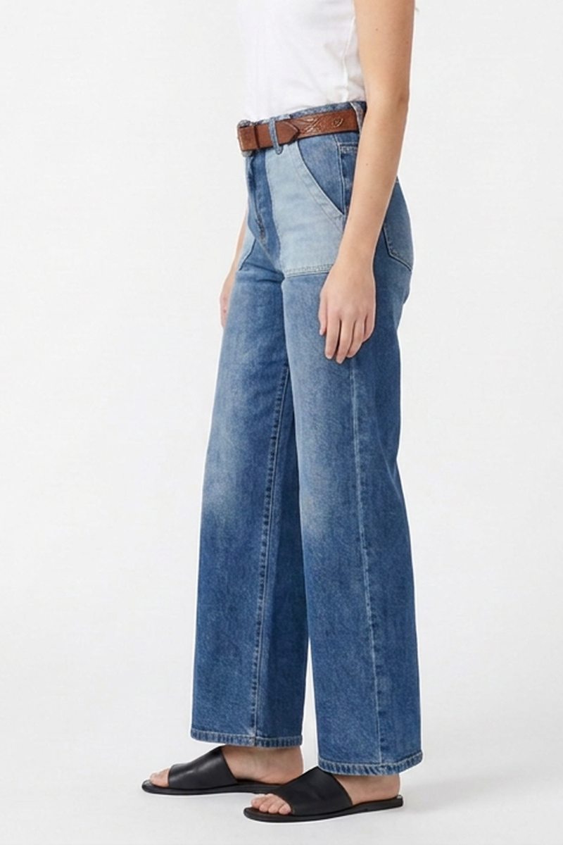 Women's Blue Patchwork Wide-Leg Jeans