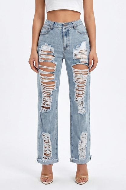 Women's Vintage Casual Straight-Leg Ripped Jeans