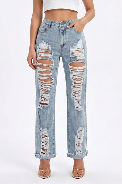 Women's Vintage Casual Straight-Leg Ripped Jeans