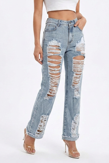Women's Vintage Casual Straight-Leg Ripped Jeans