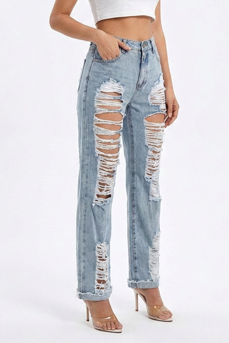 Women's Vintage Casual Straight-Leg Ripped Jeans