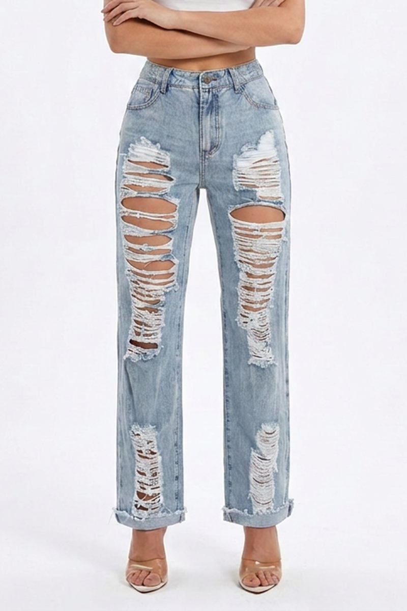 Women's Vintage Casual Straight-Leg Ripped Jeans