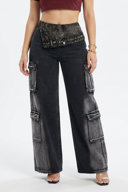 Women's Vintage Black Wash Cargo Jeans