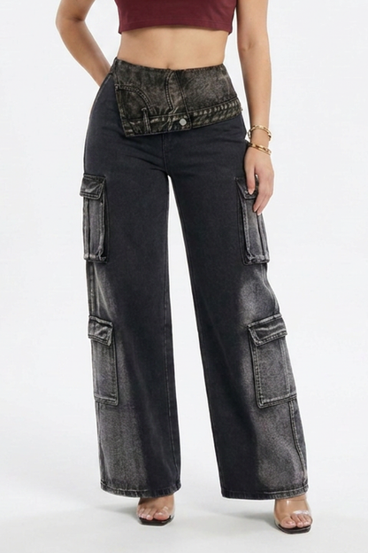 Women's Vintage Black Wash Cargo Jeans