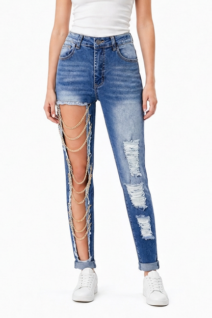 Women's Blue Chain Ripped Cut-Out Jeans