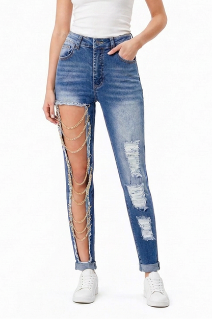 Women's Blue Chain Ripped Cut-Out Jeans