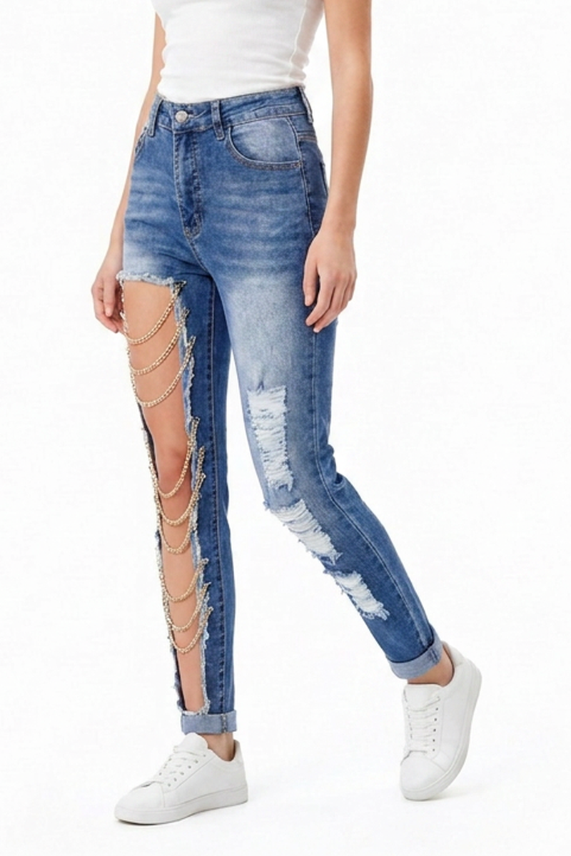 Women's Blue Chain Ripped Cut-Out Jeans