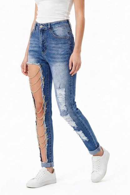 Women's Blue Chain Ripped Cut-Out Jeans