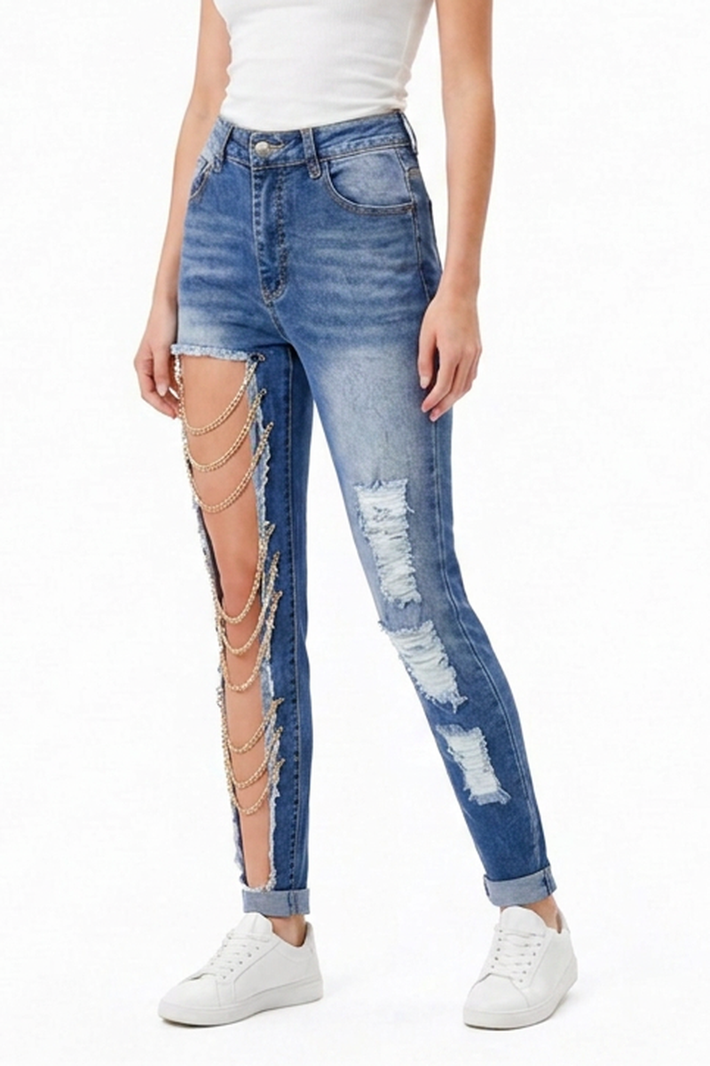 Women's Blue Chain Ripped Cut-Out Jeans
