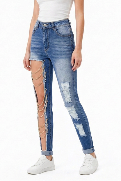 Women's Blue Chain Ripped Cut-Out Jeans