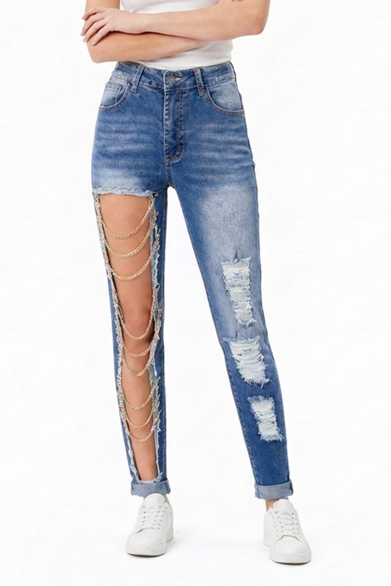 Women's Blue Chain Ripped Cut-Out Jeans