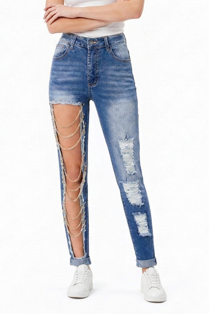 Women's Blue Chain Ripped Cut-Out Jeans