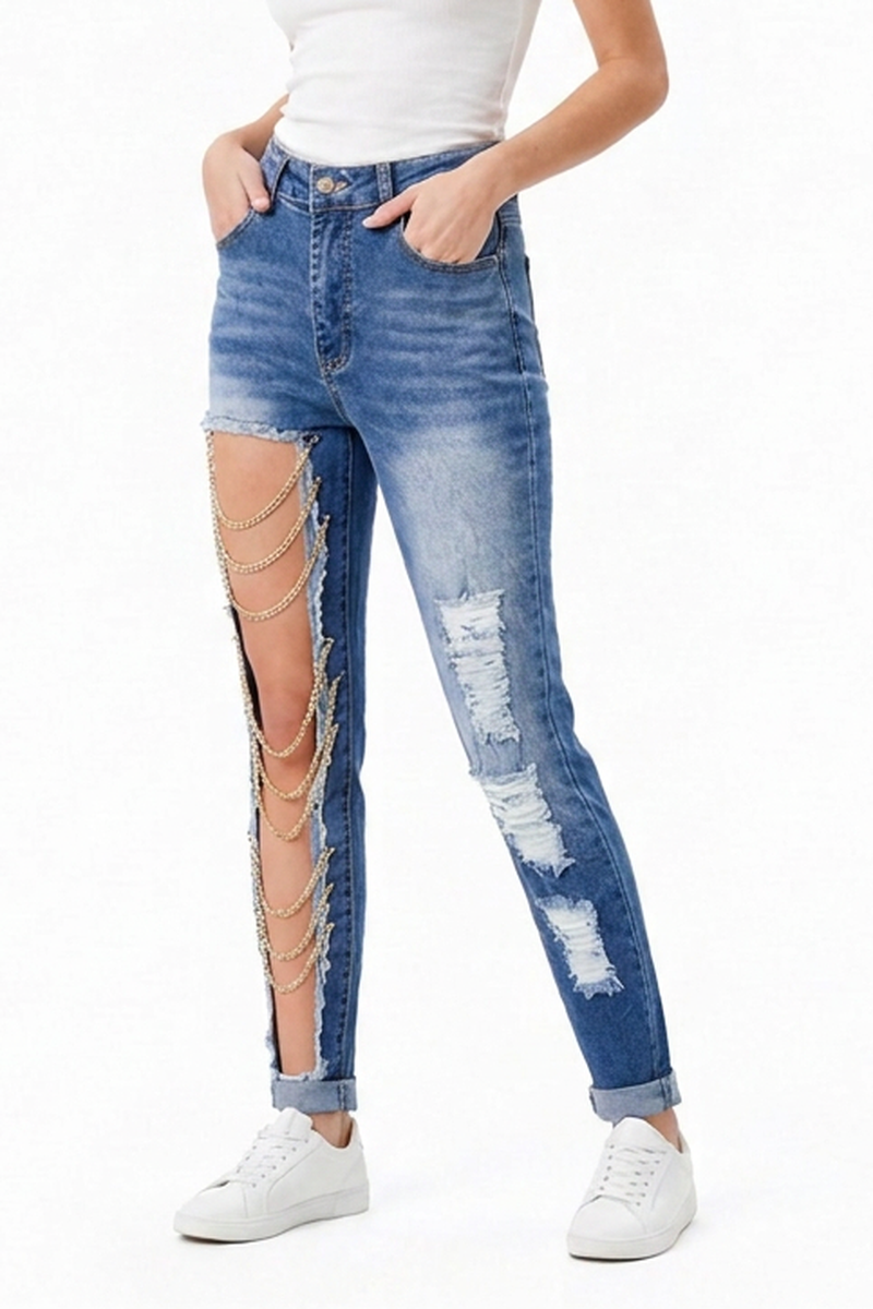 Women's Blue Chain Ripped Cut-Out Jeans